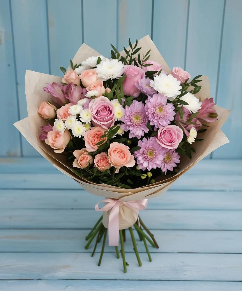 Букет цветов из: Хризантемы, Розы и Альстромерии в Саввино