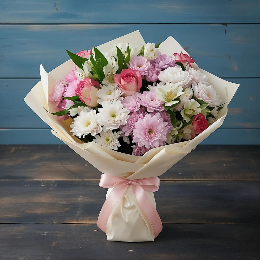 Букет цветов из: Хризантемы, Альстромерии и Розы в Саввино